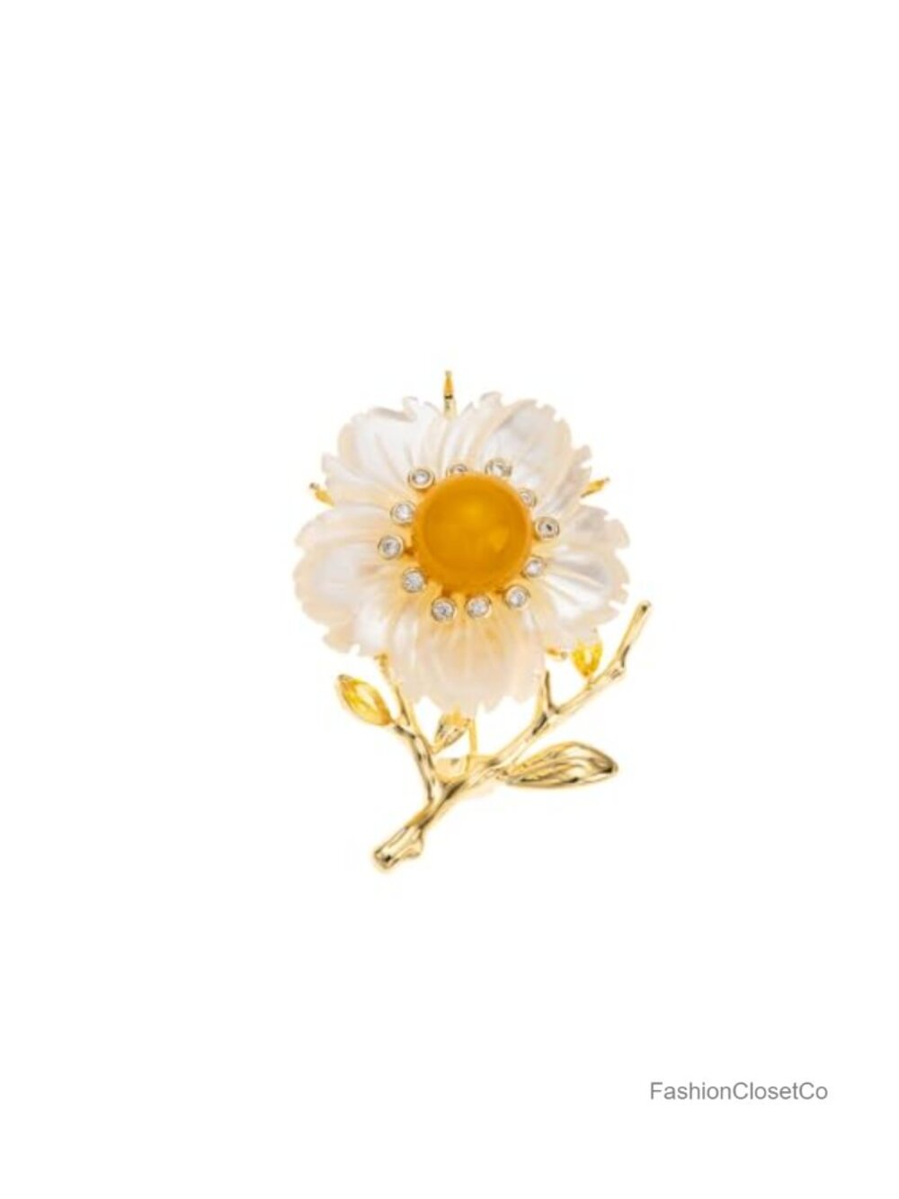 14K Gold Pearl Flower Brooch Pin Camellia Corsage Moissanite